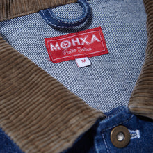 Load image into Gallery viewer, Stonewashed 80s USA denim chore jacket made in Greece. Brown corduroy collar. white stiching. Bronze Button and Red mohxa label detail image
