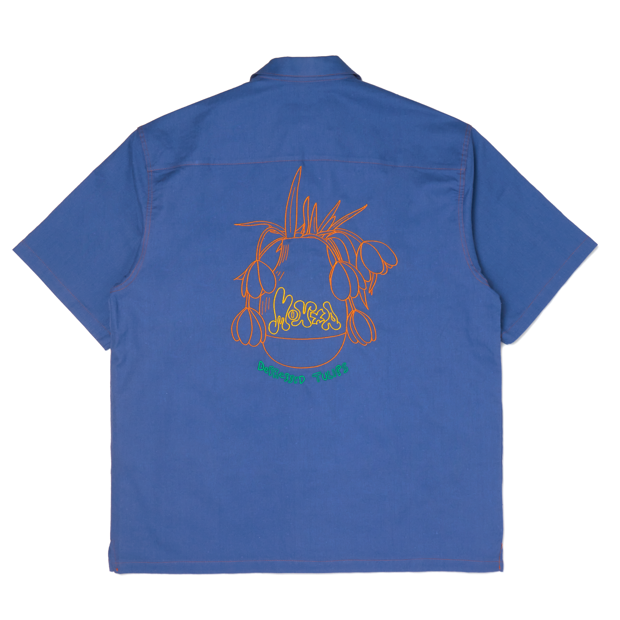the back of the tulip shirt portraying the big vase of depressed tulips on an orange embroidery against that blue steel soft cotton. MOHXA is embroidered in yellow and the title "depressed tulips" in green.