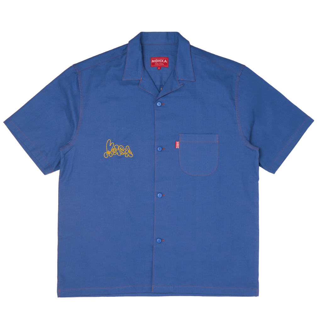 depressed tulips upcycled lapel shirt / steel blue