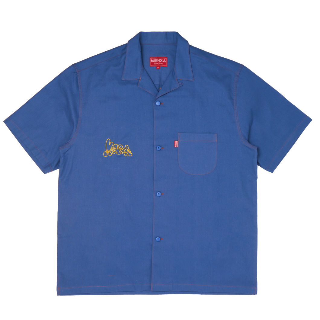 depressed tulips upcycled lapel shirt / steel blue