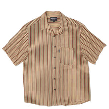 Load image into Gallery viewer, the limited lapel shirt called Burg &quot;han&quot; casually thrown on the studio table. It has vertical lines alternating a thicker &quot;burgundy brown&quot; line and thinner green line and an even thinner burg brown line on a beige base color rayon shirt. It has one pocket on the chest with the black mohxa label
