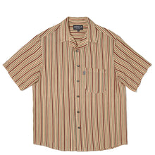 Load image into Gallery viewer, the limited lapel shirt called Burg &quot;han&quot; neatly set on the studio table. It has vertical lines alternating a thicker &quot;burgundy brown&quot; line and thinner green line and an even thinner burg brown line on a beige base color rayon shirt. It has one pocket on the chest with the black mohxa label
