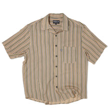 Load image into Gallery viewer, the limited lapel shirt called green &quot;han&quot; casually thrown on the studio table. It has vertical horizontal lines alternating a thicker &quot;racing green&quot; line and thinner rough blue and brown lines on a beige base color rayon shirt
