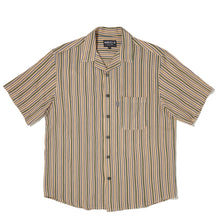 Load image into Gallery viewer, the limited lapel shirt called green &quot;han&quot; neatly set on the studio table. It has vertical horizontal lines alternating a thicker &quot;racing green&quot; line and thinner rough blue and brown lines on a beige base color rayon shirt
